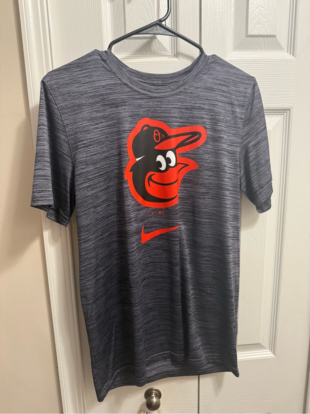 Nike Gray Heathered Short Sleeve Tee with Orange and Black Orioles Logo